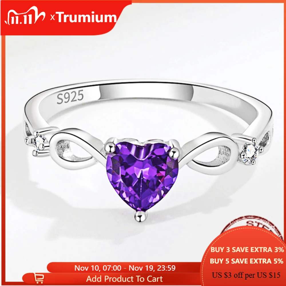 

Trumium Authentic 925 Sterling Silver Amethyst Finger Rings for Women Heart Shape Wedding Promise Ring Bridal Party Gift