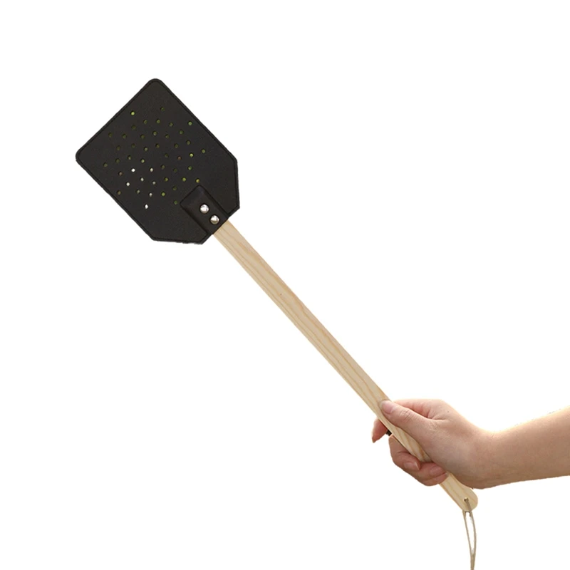 

Wooden Stick Handle Mosquito Swatter Manual Fly Swatter PU Leather Mosquito Swatter