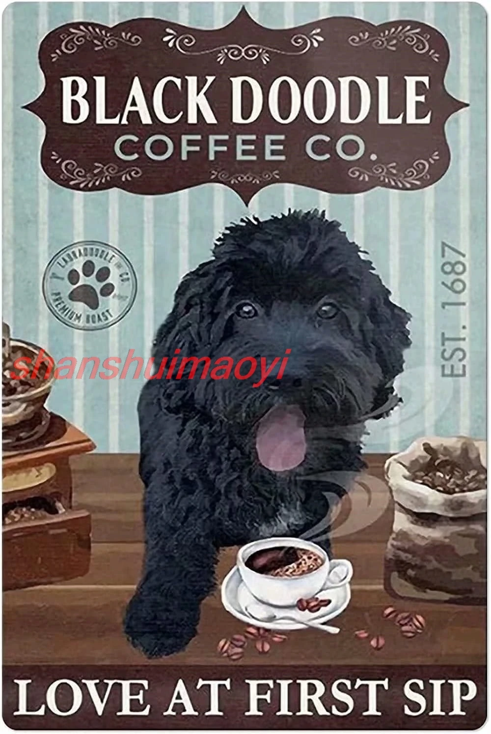 shan odle Metal Tin Sign Black Doodle Coffee Co. Love At First Sip Funny Poster Cafe Dining Room Living Room Bathroom Kit 1pc