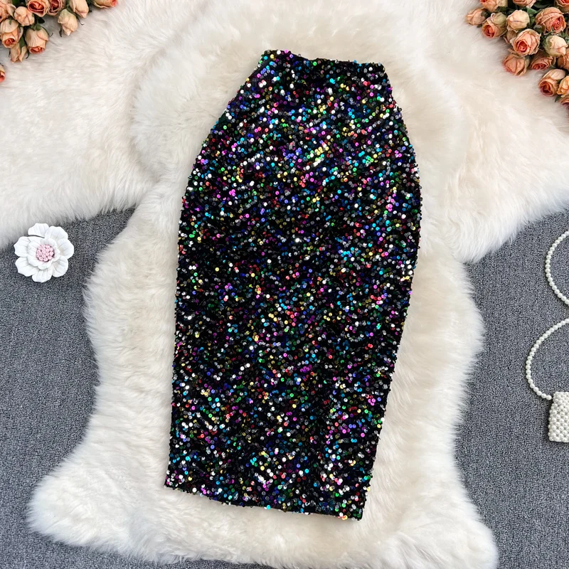 Women High Waist Ol Sequin Skirt Autumn Winter 2024 New Fashion Glitter Bodyocn Show Thin Hip Wrap One-step Sparkle Skirt