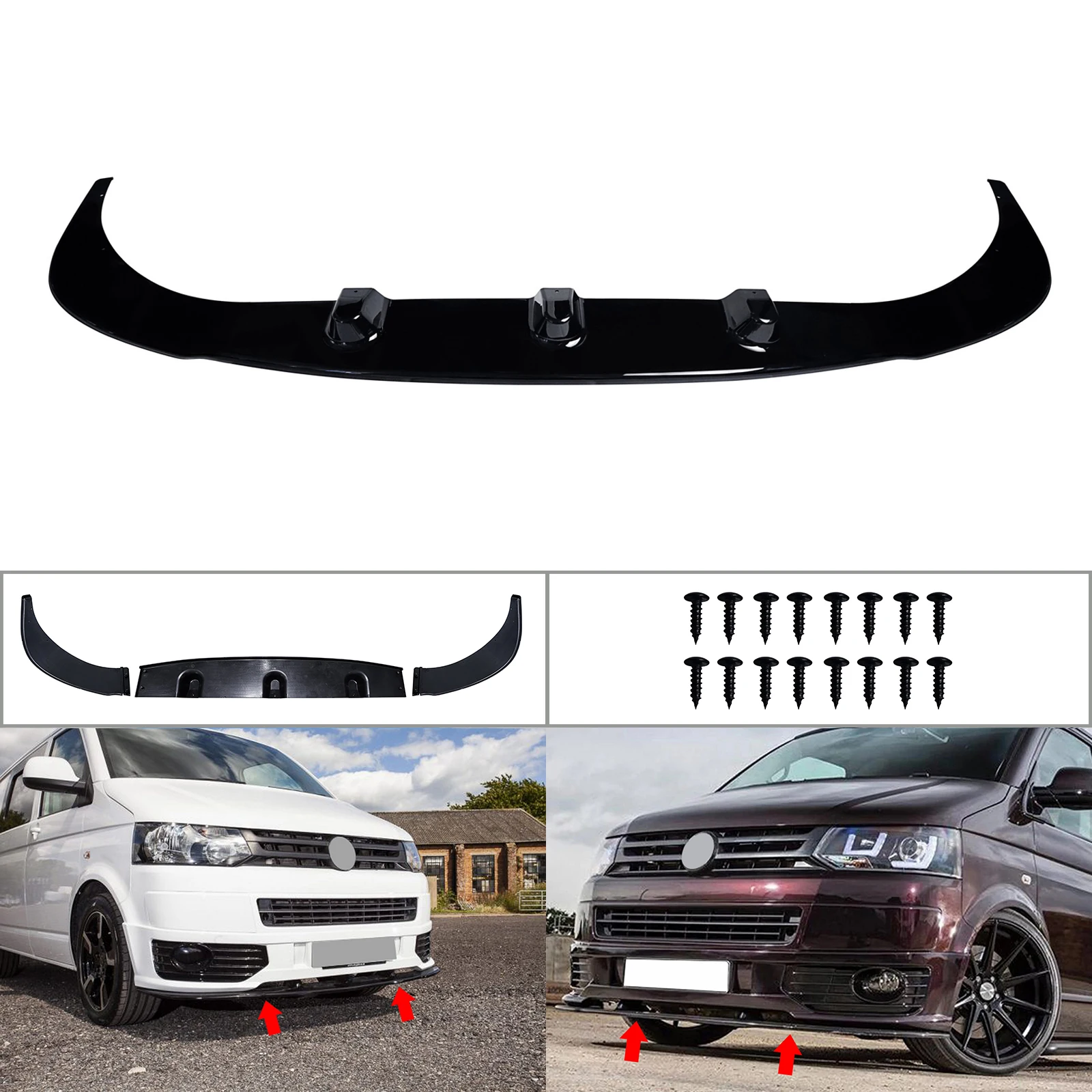 

1 Set Front Bumper Shovel Lip Splitter Spoiler Gloss Black for 10-15 VW T5 T5.1 Transporter V Car Parts Accessory Body Kit