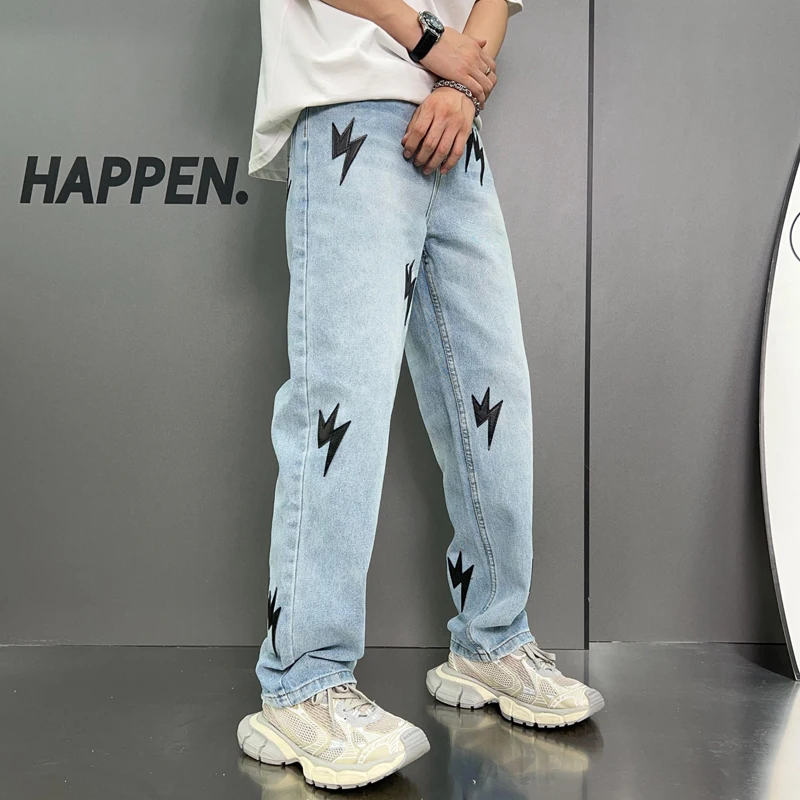 

Washed American Lightning Printed Jeans Men's Loose Street plus Size Hip Hop Trend Korean StyleinsMop trousers