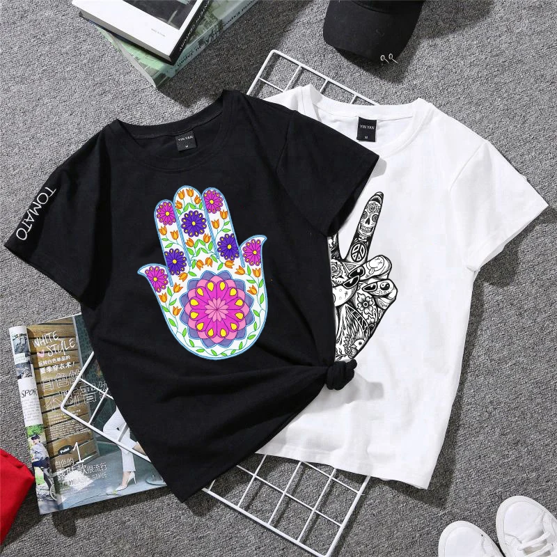 Colorful Hand Of Fatima Mandala Flower Heat Transfer Yoga gestures Patches Washable T-shirt Sticker Iron on Clothes Decoration