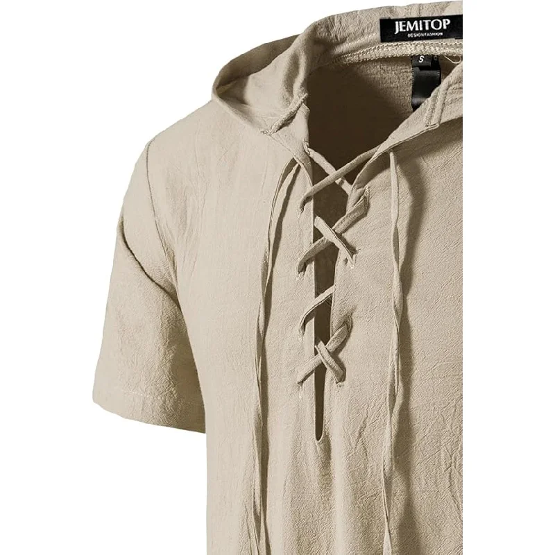 Men's Cotton Vintage Hooded Design Short Sleeve Lace up Shirts for Renaissance Pirate Viking Medieval Costume
