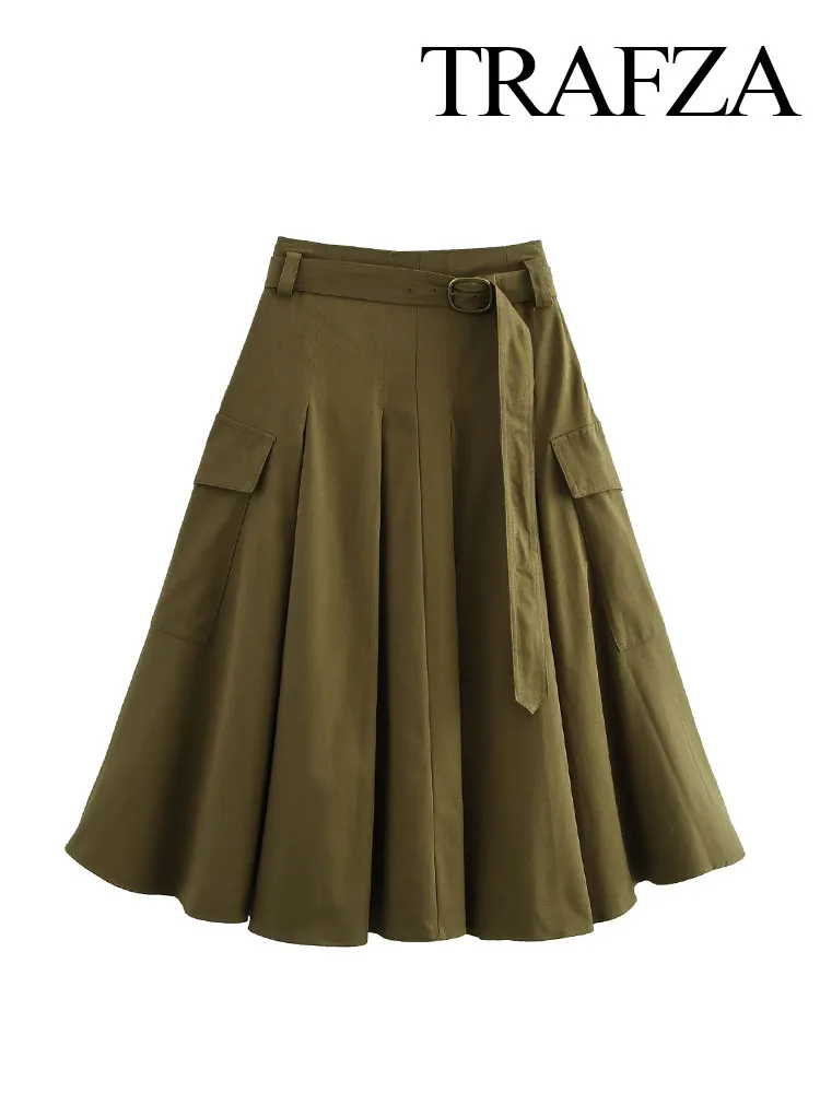 TRAFZA Women Autumn High Waist Long Skirt Fashion Belt Pocket Folds Decorate Skirts Female Army Green Zipper High Street Skirt