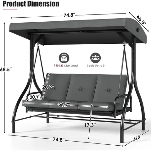 Columpio para Patio exterior de 3 asientos con dosel ajustable y respaldo, columpio para porche de adulto, cama gruesa para jardín y patio trasero