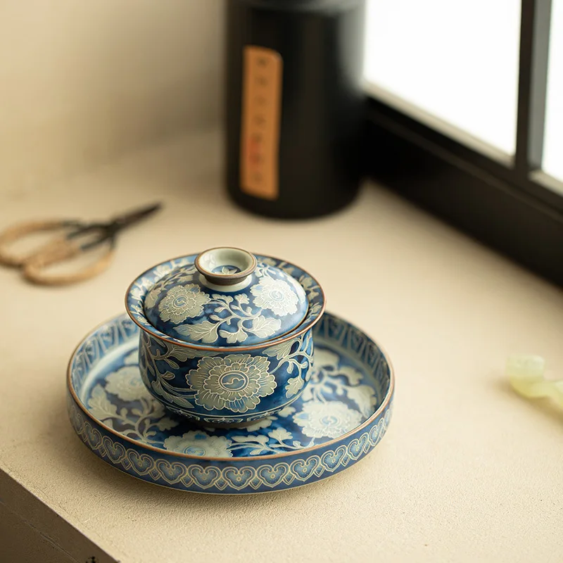 Imitation Song Ru kiln Yuan blue and white cover bowl large pot bearing retro ceramic tea set