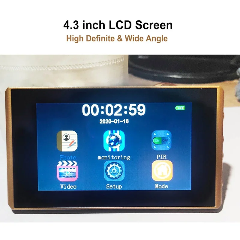 Peephole Camera para Door Viewer, Detecção de Movimento, Monitor, Digital Ring Doorbell, Video-Eye Safety Recording, 4,3 polegadas