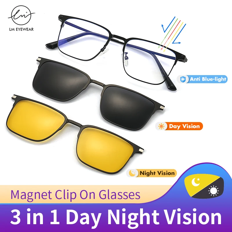 LM Fashion Square Metal Frame 3 in 1 Magnet Clip On Glasses Polarized Sunglasses Man Night Vision Clip Anti Blue Light Glasses
