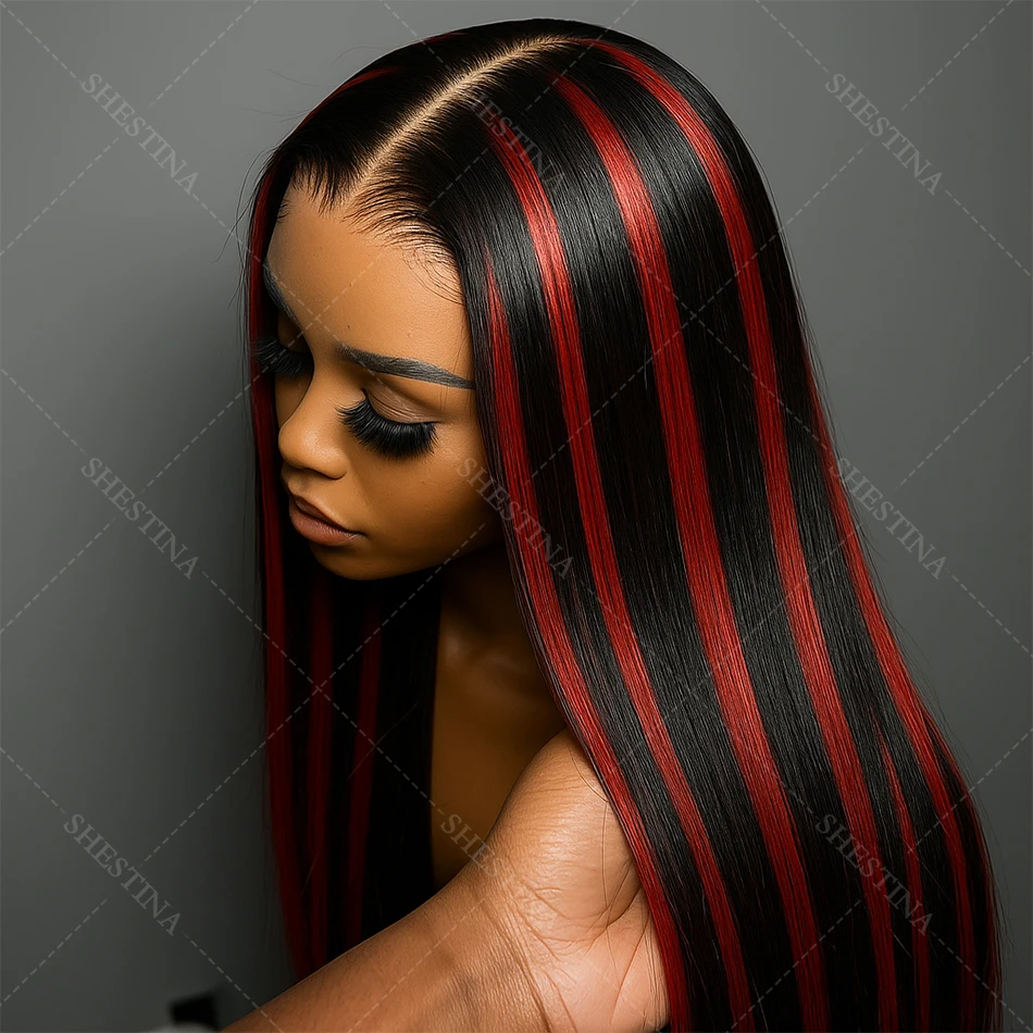 

1B/99J Bone Straight Highlight Парики Человеческие волосы 5x5 Бесклеевые парики Человеческие волосы Красные с черным цветом Предварительно сорванные парики для женщин