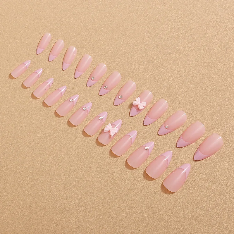 24pcs Pink French Fake Nail Patches Glossy Almond Press On Nails With 3D Pink Bowknot Decor Korean Style Reusable False Nail Tip