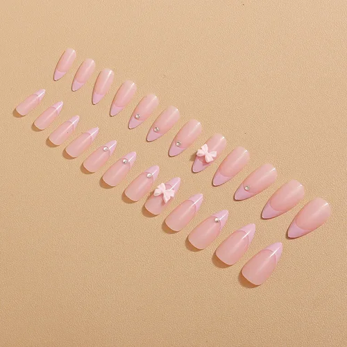 Imagen 2 del producto 24 Uds. Parches de uñas postizas francesas rosas, prensa de almendra brillante en las uñas con decoración de lazo rosa 3D, punta de uña falsa reutilizable de estilo coreano