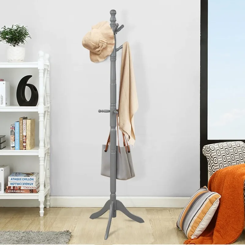 Wooden Hanger, Freestanding, Entryway Height Adjustable Hanger with 9 Hooks and Stable Tripod Base, Rubber Wood Hanger