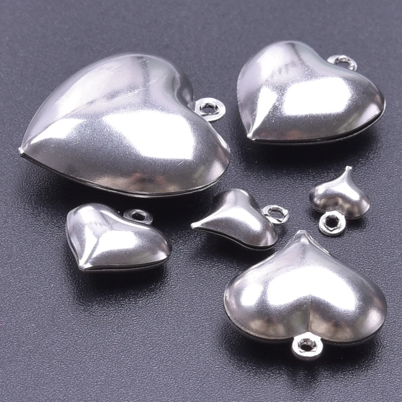 Fashion 10pcs/lot Stainless Steel 3D Love Heart Charms Steel Color Different Sizes Heart Pendant Jewelry Making Finding Necklace