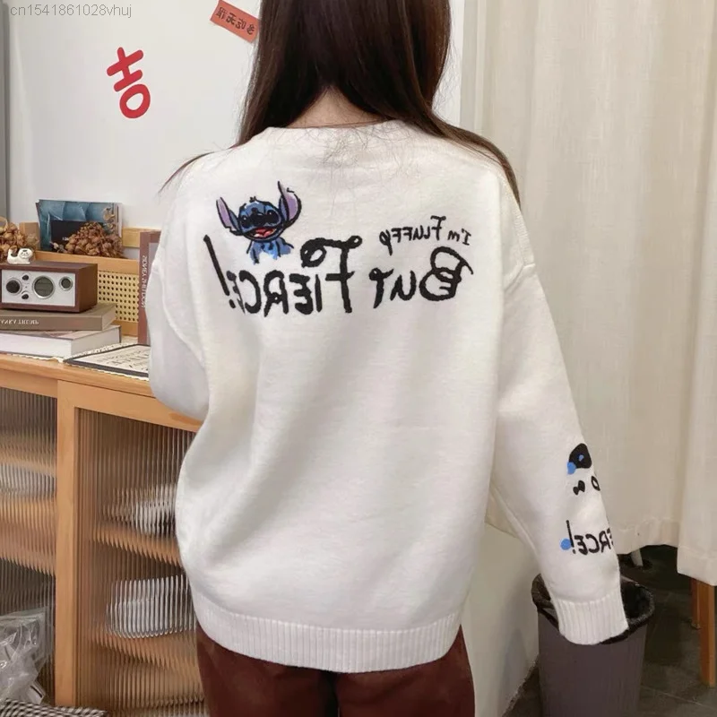 Disney Stitch Hip Hop White Sweater Men\'s Winter Thickened Knitted Trendy Korean Fashion Cute Anime Harajuku Clothes Top Women