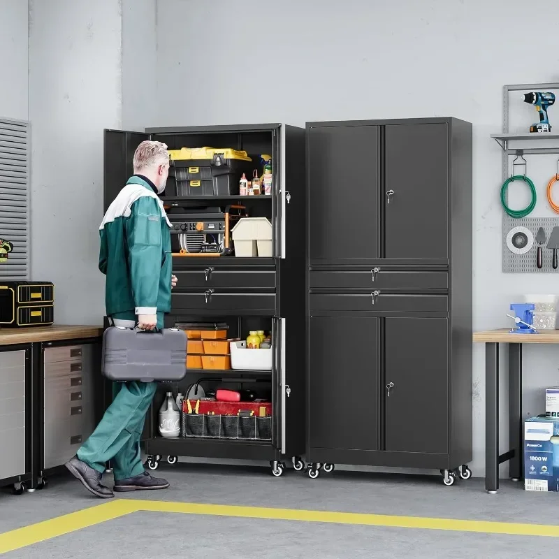Letaya Metal Garage Storage Cabinet with Wheels,Rolling Tool Cabinet with 4 Door Lock-Adjustable Shelves and 2 Drawer for Garage
