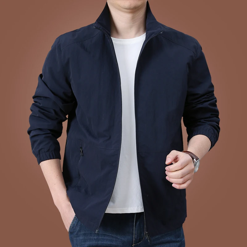 Spring Autumn Lightweight Single Layer Men's Sporty Windbreaker Jacket No Hat Stand Collar Casual Outdoor Windproof Waterproof