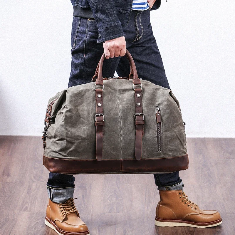 

Portable Travel Bag Large Capacity Men's Waterproof American Retro Wax Canvas Luggage Messenger Bag with Crazy Horse Leather