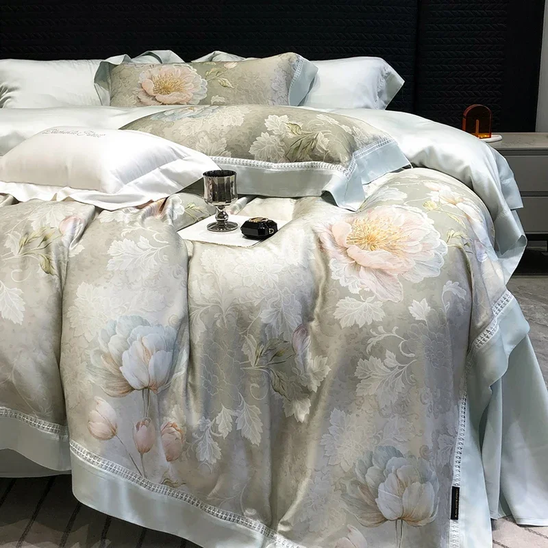 800TC Lyocell Eucalyptus Fiber Soft Silky Cooling Flowers Prints Bedding Set Duvet Cover Bed Sheet/Fitted Sheet Pillowcases 4Pcs