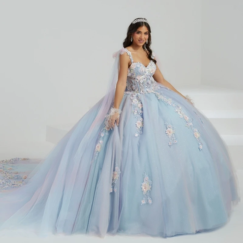 

Sky Blue Shiny Quinceanera Dress Ball Gown Lace Applique Beading Tull With Cape Mexico Sweet 16 Vestidos De XV 15 Anos