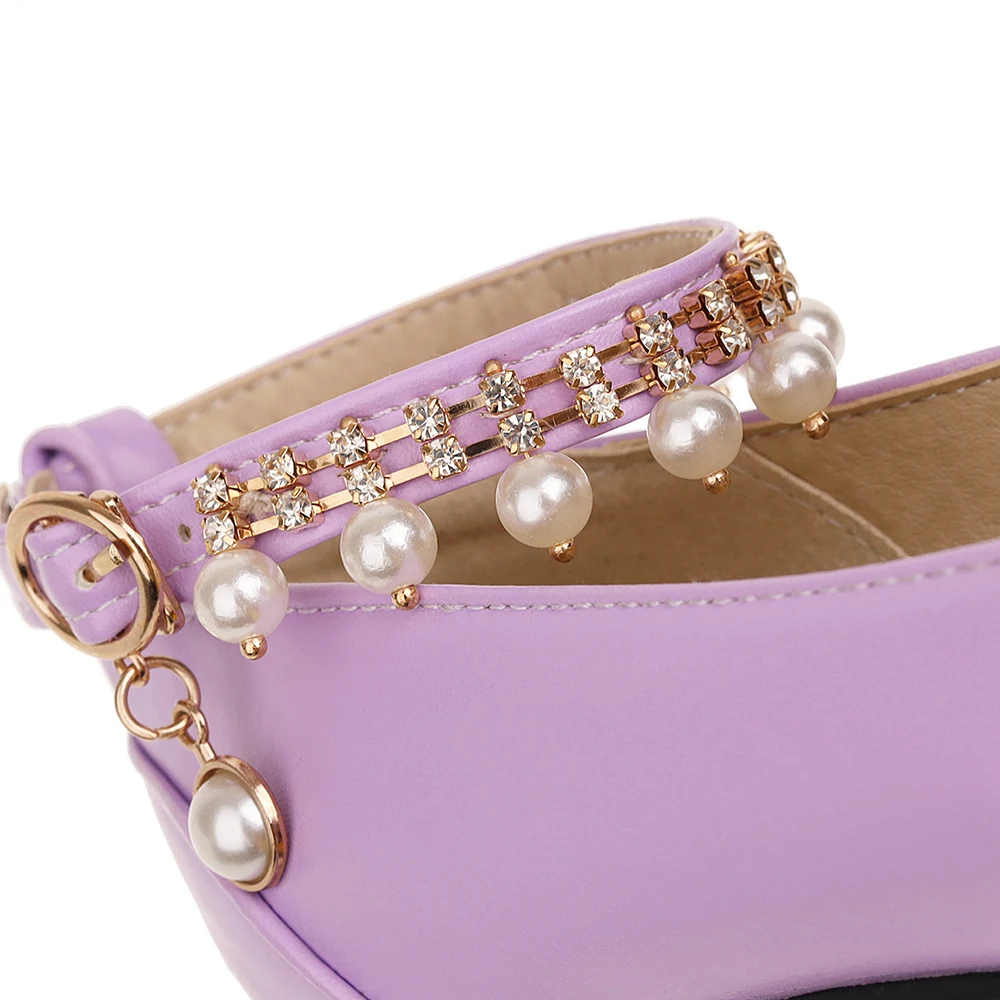 Square High Heels Women Platform Pumps Spring Autumn Beaded Strap Buckle Round Toe Dress Wedding Shoes Purple White Black Blue