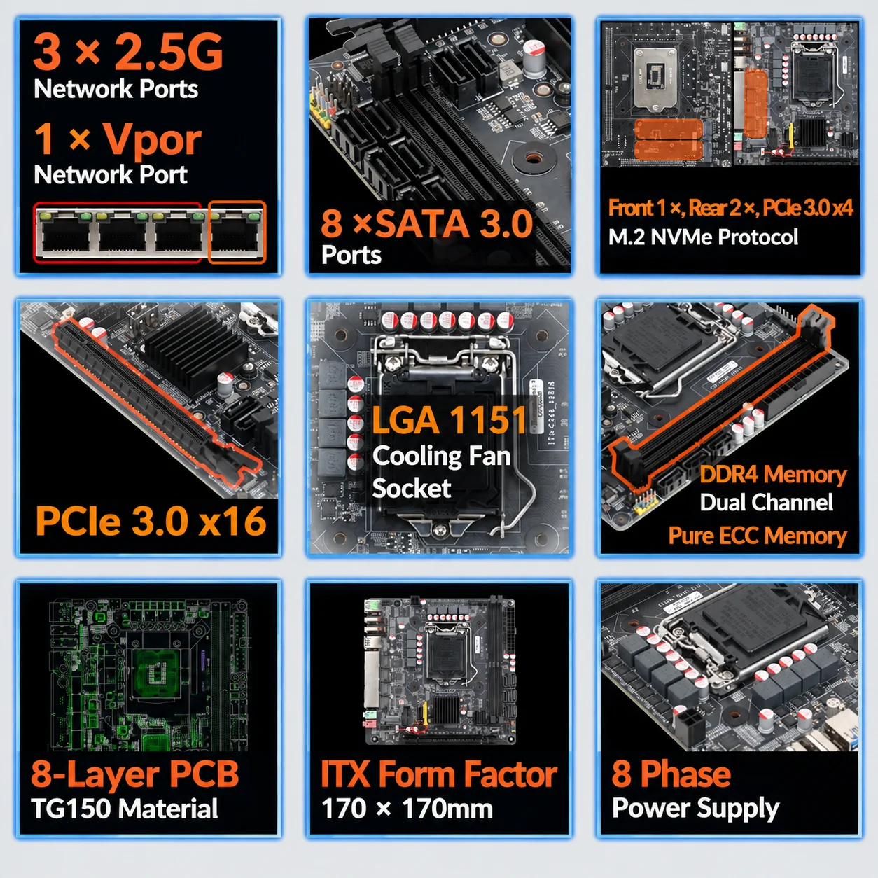 8-Bays YX-C246 Mini Vpro NAS Motherboard 8 SATA 4 LAN 2xDDR4 3xM.2 PCIe x16 LGA1151 Support E-2100 E-2200 8th 9th Gen Core