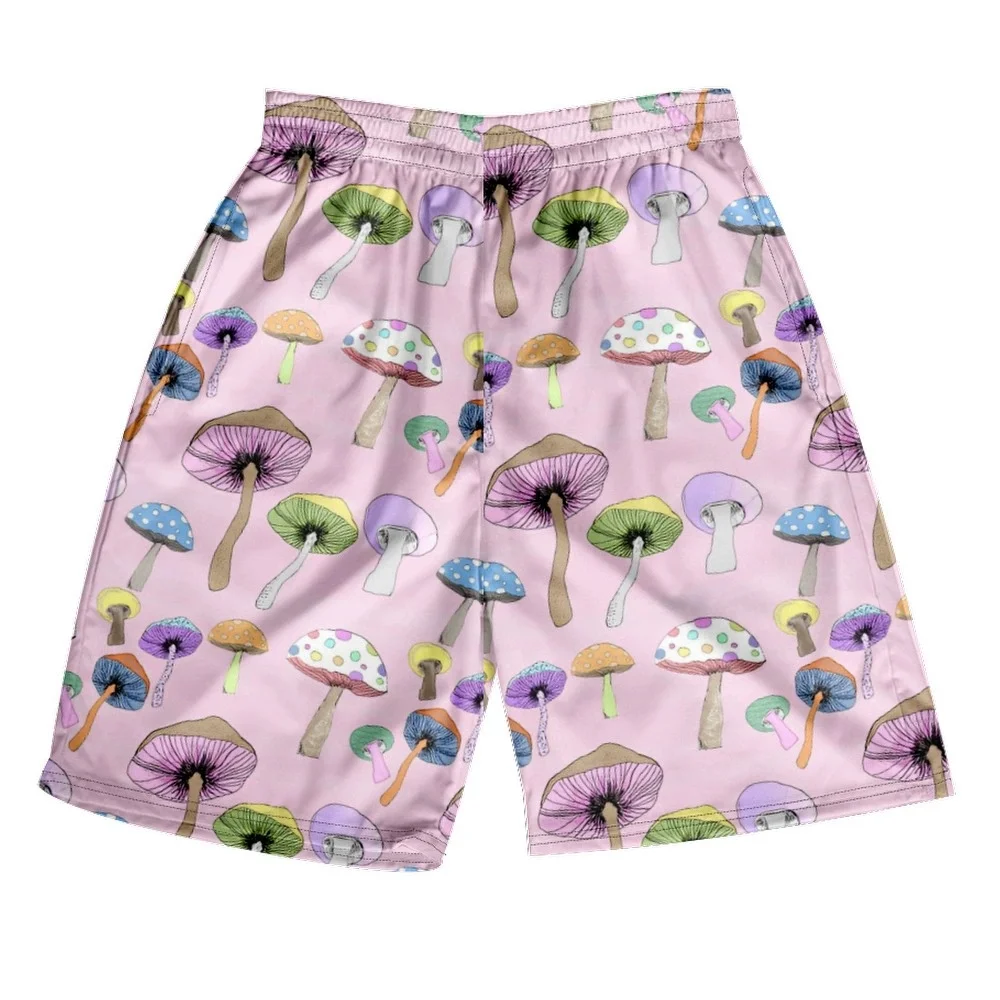 Psychedelic Mushroom Print Board Shorts For Men Neon Pattern Personality Drawstring Beach Shorts Summer Harajuku Short Pant