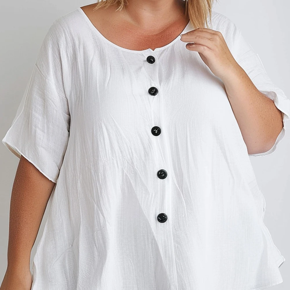 Blusa informal de lino con botones y cuello redondo, Media manga, color blanco, talla grande, Verano