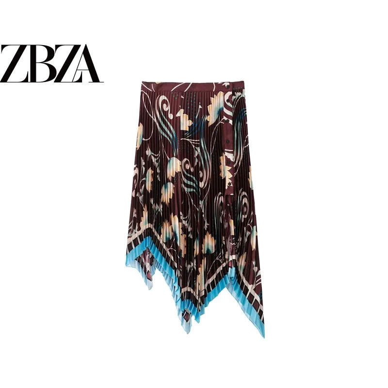 Fashionable Color Block Asymmetrical Print Skirt ZR Style Women's Polyester Midi Skirt Standard Fit Autumn Season Ladies Skirt