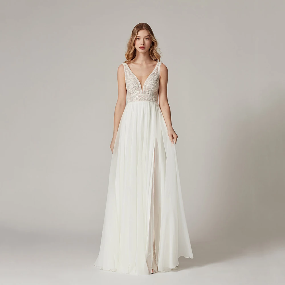 

Boho Beach Wedding Dresses 2025 V Neck Lace Appliques High Slit Bride Dresses Backless Women Luxury Bridal Dresses Customized