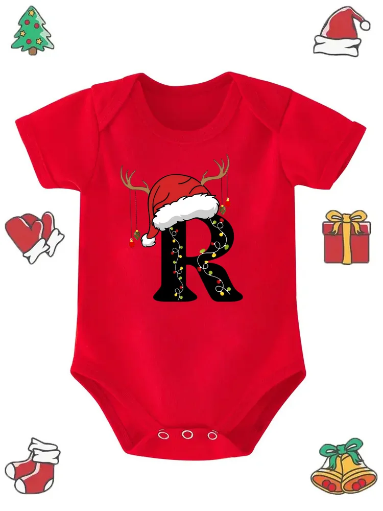 لطيف الطفل عيد الميلاد قبعة مخصص اسم إلكتروني مزيج الطباعة ارتداءها إلكتروني الخط ABC D E F G قصيرة الأكمام طفل بذلة #5