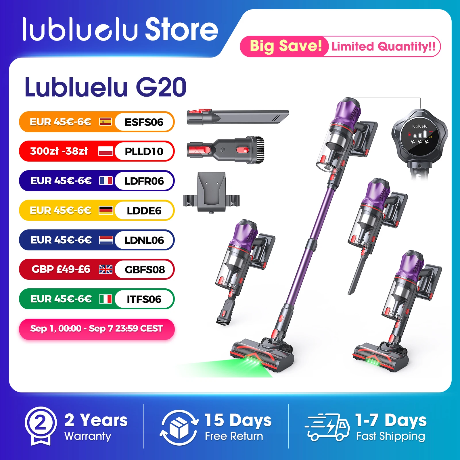 Lubluelu G20 650W Kabelloser Staubsauger 80KPA Starke Saugkraft für Tierhaare und Teppiche 60 Minuten Laufzeit 950ml Haushaltsreinigung