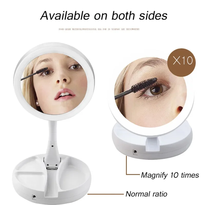 LED Light Folding Makeup Mirror Portable Rotating 10x Magnifying Up Double Side Storage Mirror Tabletop Batteries USB Charging