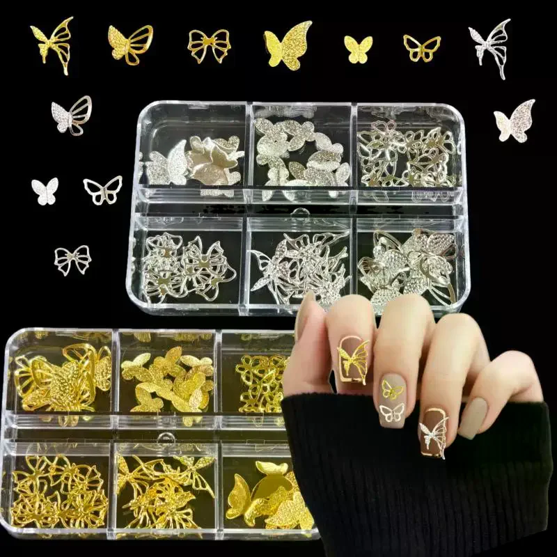 

6 сеток 3D металлические звезды бант бабочка дизайн ногтей подвески золото/серебро звездный свет заклепки украшения для ногтей маникюр блестки аксессуар