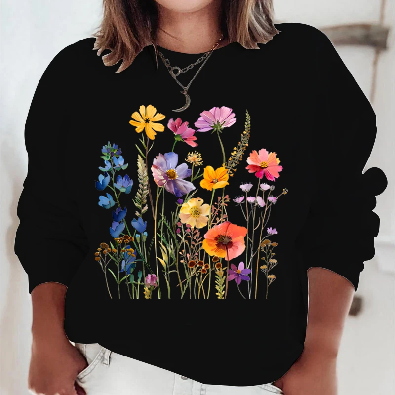 Watercolor Wild Flower Print Women Hoodies O-Neck Basic Fashion Hoody Boho Style Floral Hoodie Fashion Casual Female Sweatshirts