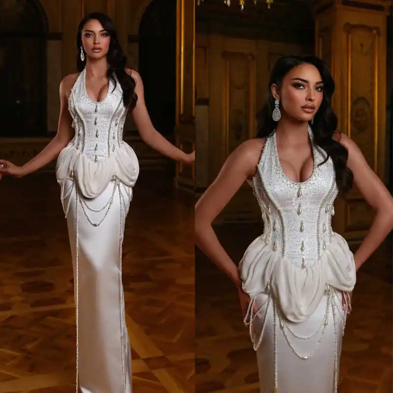 Wykwintna suknia ślubna typu sheath z perłami, bez rękawów, z koronką, zdobiona koralikami, długość do podłogi, możliwość personalizacji, vestidos de novia