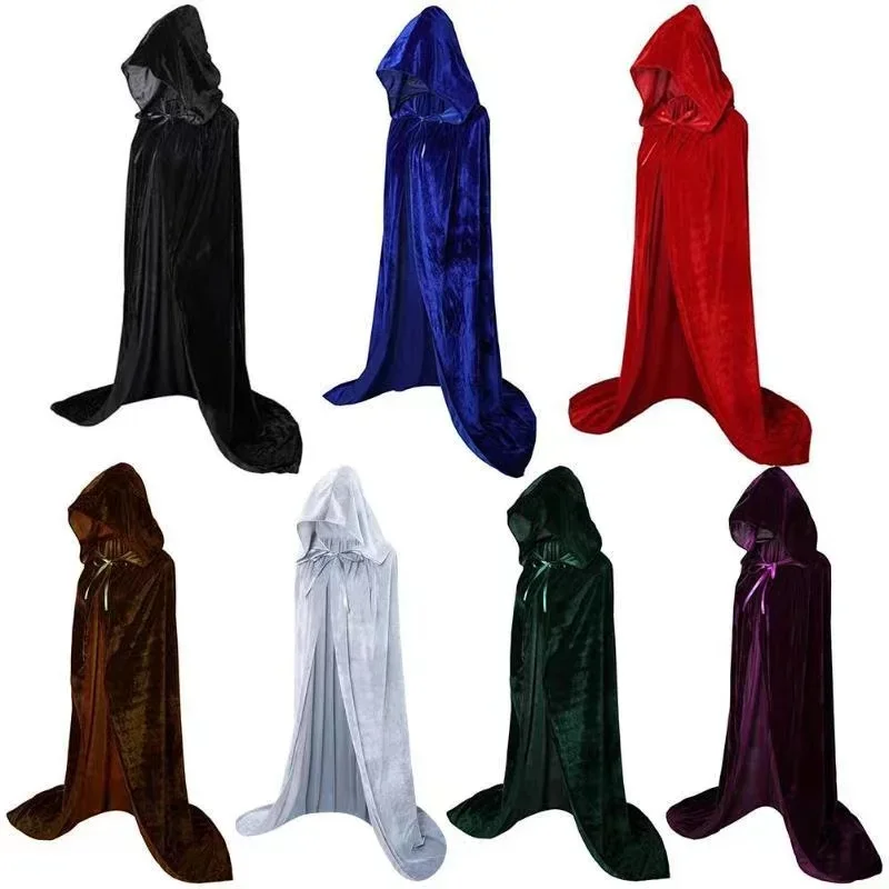 Gothic Hooded กำมะหยี่เสื้อคลุมผู้ใหญ่ Elf แม่มดยาว Purim Carnival ฮาโลวีน Cloaks หมวก Robe Larp ผู้หญิงแวมไพร์ Grim Reaper Party