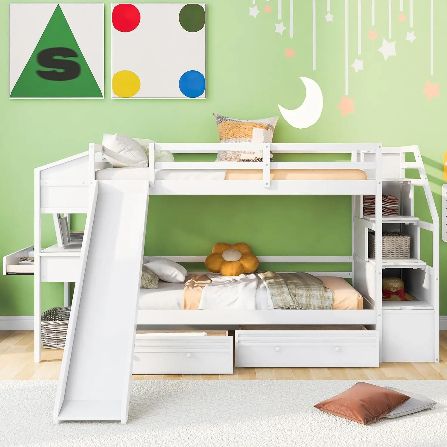 

Harper & Bright Designs Bunk Bed With Stairs & Slide, Wood Twin Over Twin Bunk Bed With Desk And Shelves,Bunk Bed Twin Over