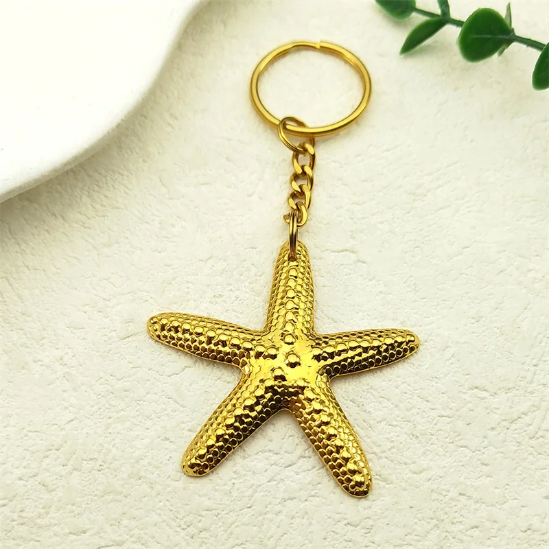 Bohemia Gold Color Starfish Pendant Keychains for Women Men Stainless Steel Key Ring Beach Bag Pendant Jewelry Accessories