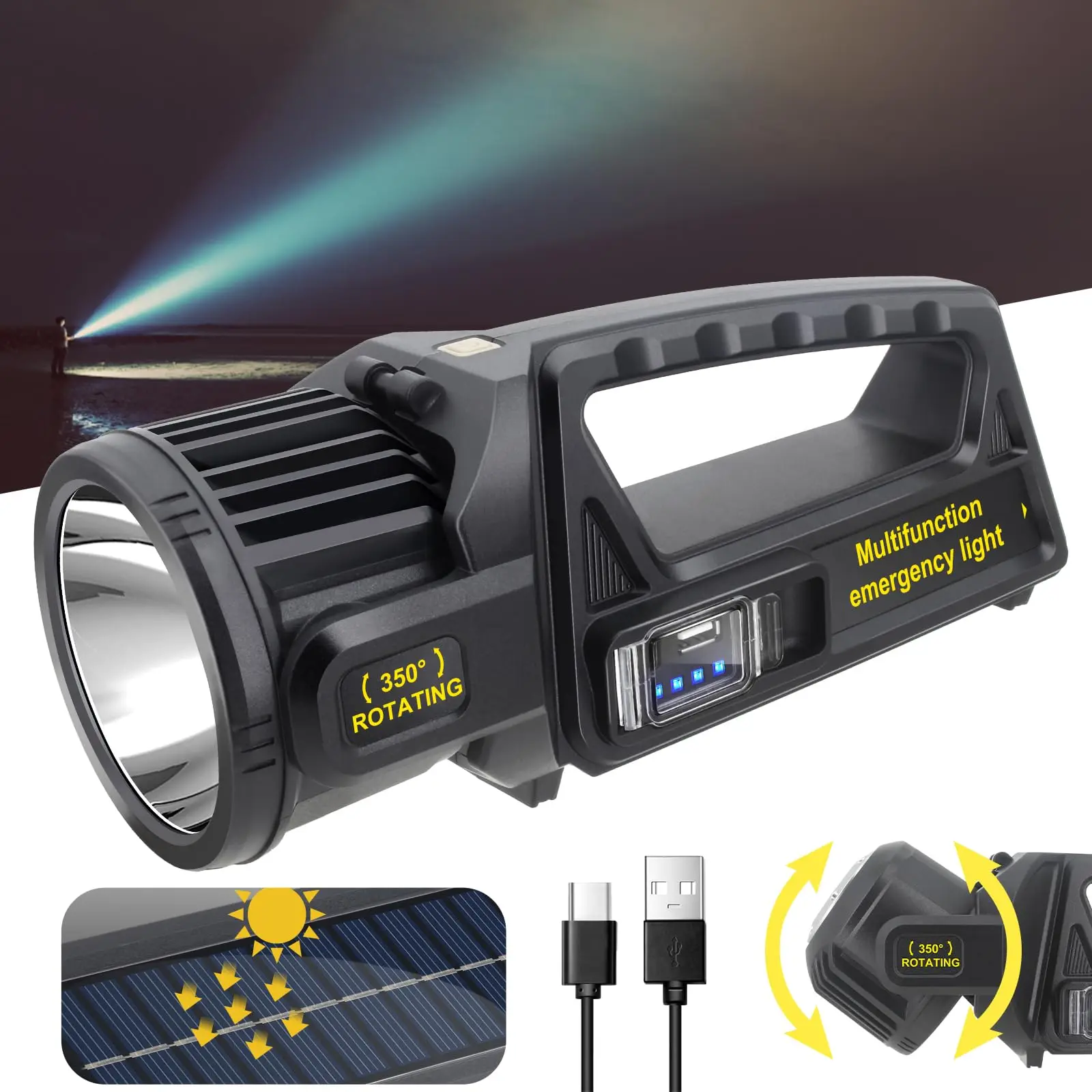 

E2 9 Modes Rechargeable Led Spotlight Searchlight Flashlight 350° Rotate Head Spot Lights Outdoor Handheld Solar Flashlight Lamp