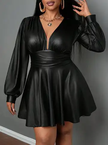 plus Size Leather Skirt for Women Deep V Neck Lantern Sleeve Waist Cinched A-Line Party Outfit Sexy Girl's Ensemble