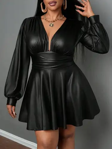 Imagen 1 del producto Falda de cuero de talla grande para mujer, cuello en V profundo, manga acampanada, cintura ceñida, traje de fiesta de corte en A, conjunto Sexy para chica