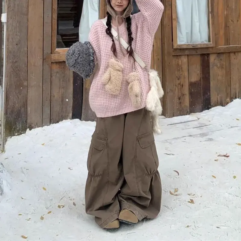 

Vintage Sweet Pink Chic Knitted Pullovers Female Clothing Solid Color Autumn Winter Long Sleeve Loose Round Neck Casual Sweaters