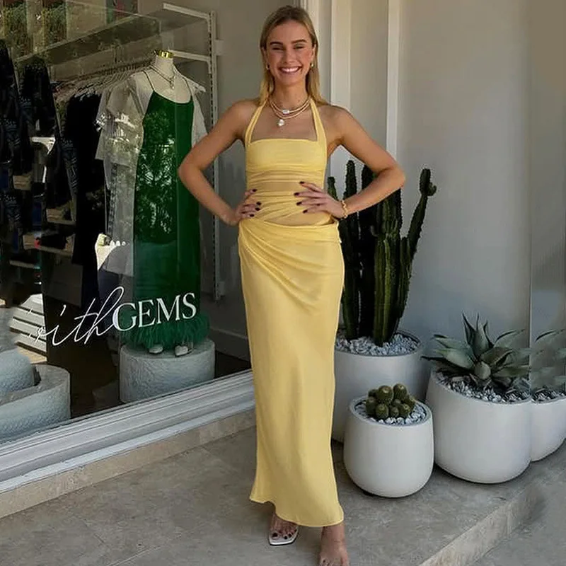 New Summer Mesh Sheer Sleeveless Halter Top Splicing Satin Fishtail Long Skirt Special Vacation Dress Women Beach Vestidos Party