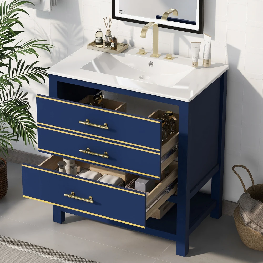 Modern 30inch Navy Blue/White Bathroom Vanity Cabinet Combo OpenStorge Two Drawers Bathroom Cabinets Storage Cabinet Furniture