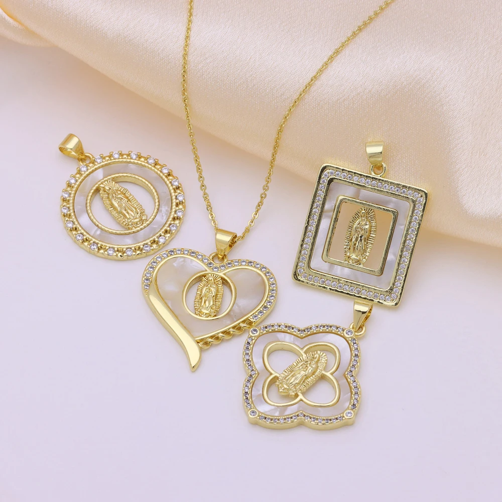 5 pcs/lot Heart Square Virgin Mary Pendant Necklace Gold Plated Brass with CZ & Shell Vintage Retro Jewelry Gift for Women