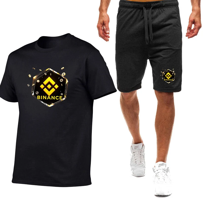 2026 Men's Binance Crypto Logo Print Short Sleeve Breathable Stand Collar Lightweight T-shirt Premium Beach Half Pants Suits