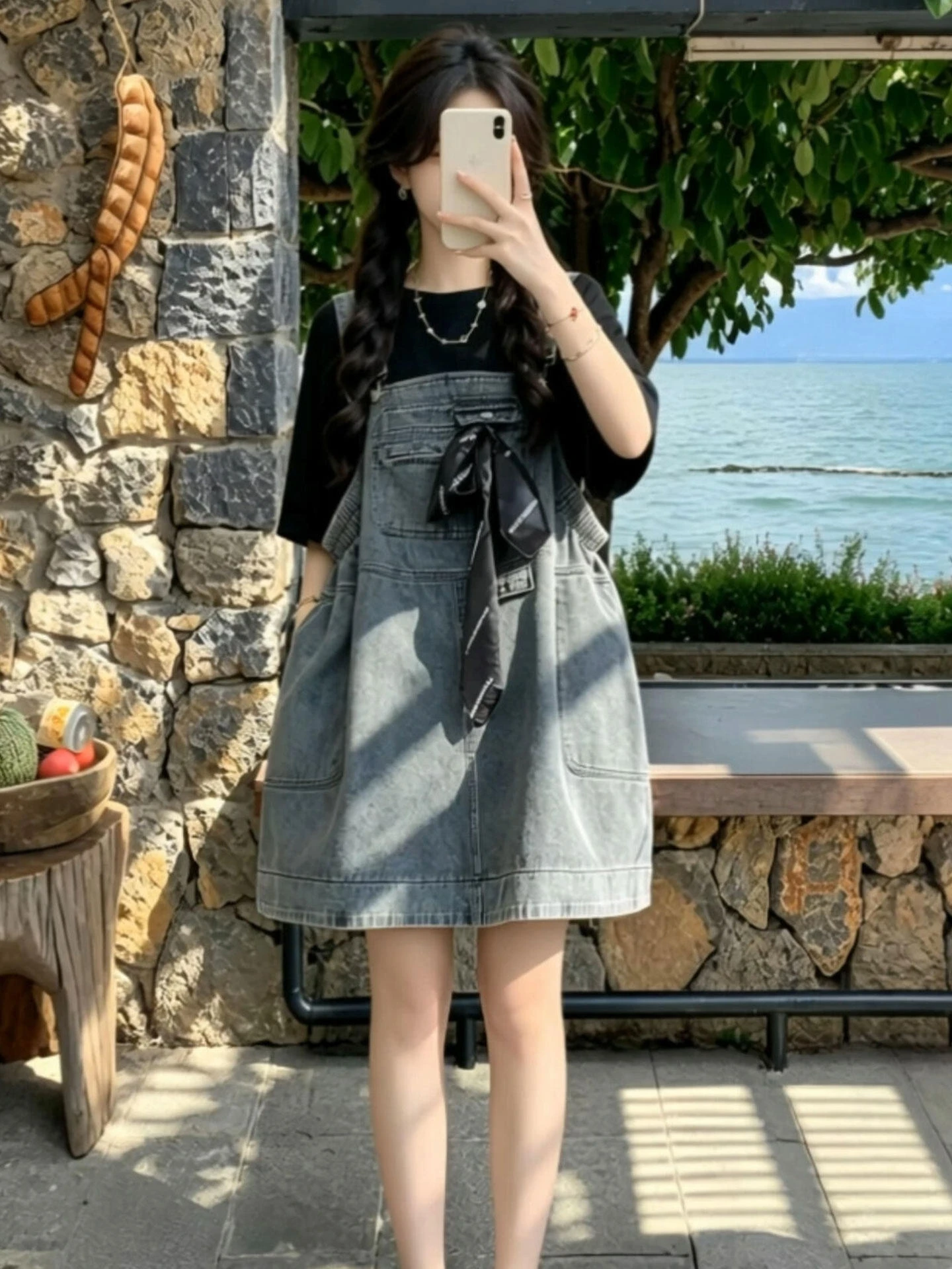 

Summer plus Size Women's Black T-Shirt Denim Overalls Set Casual Style High Waist Loose Fit round Neck Short Sleeve Polyester...