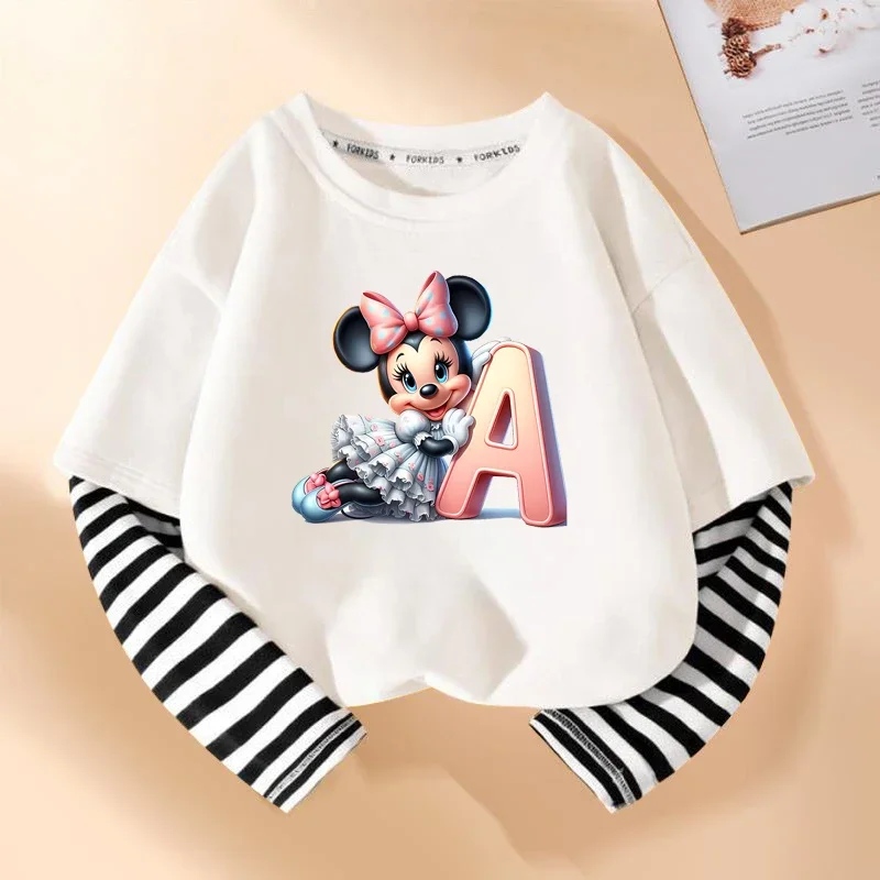 Minnie disney crianças camiseta dos desenhos animados impressão manga longa em torno do pescoço kawaii algodão meninas roupas moda hip hop crianças roupas