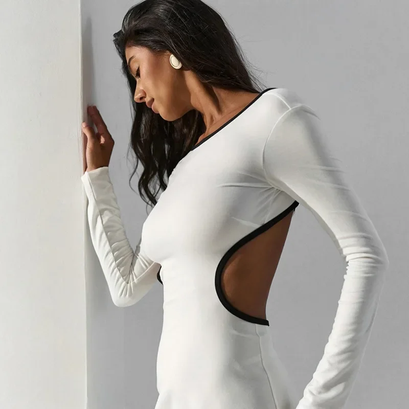 Autumn Winter Cut Out Backless Mini A Line Dress Women Sexy Party Club Outfits Patchwork Long Sleeve Dresses Vestido Streetwear
